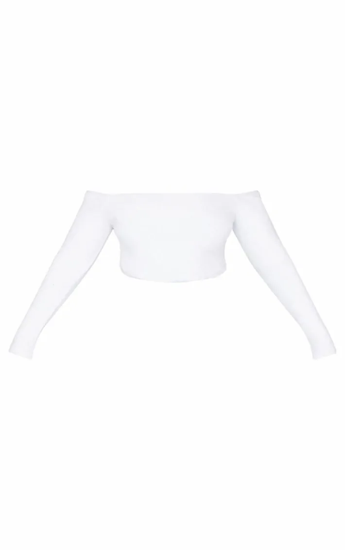 Plus White Brushed Rib Bardot Long Sleeve Bodysuit