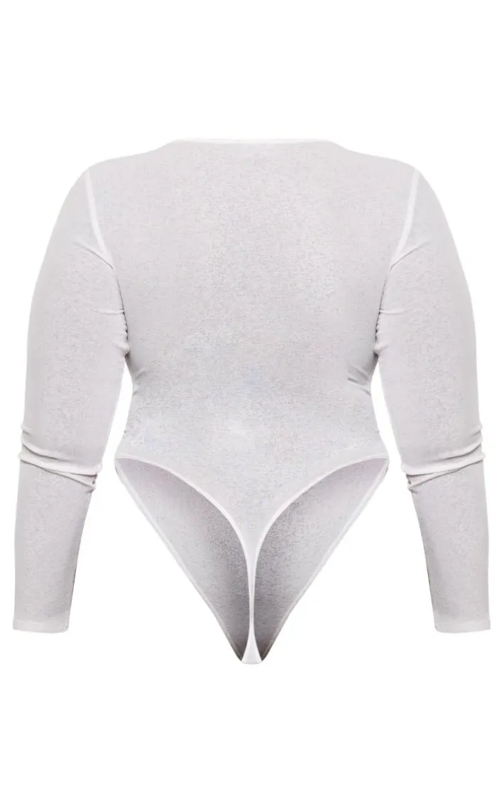 Plus White Burn Out Mesh Long Sleeve Crew Neck Bodysuit