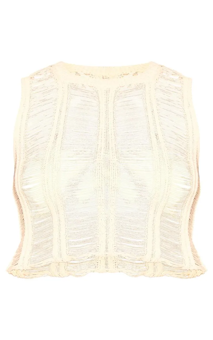 Hot PrettyLittleThing Plus Distressed Knit Crew Neck Top White