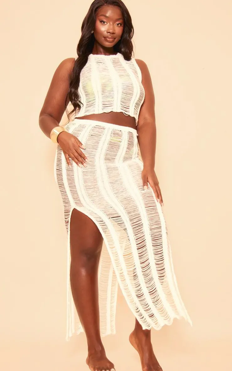 Hot PrettyLittleThing Plus Distressed Knitted Midaxi Skirt White