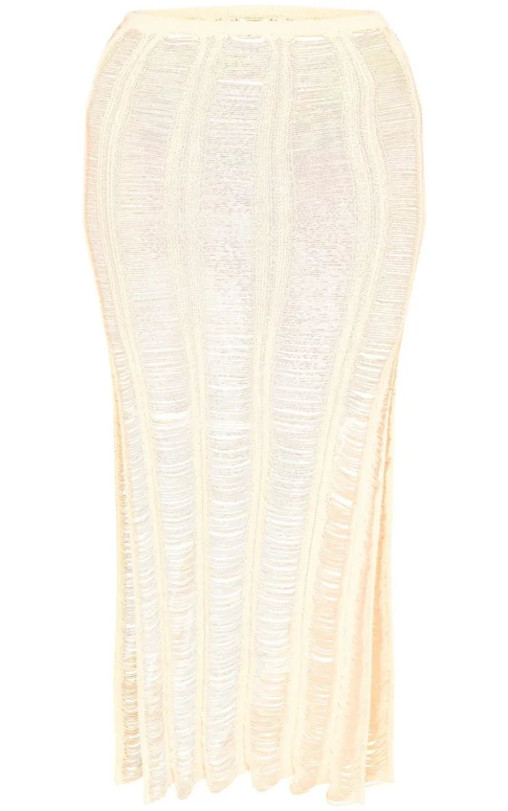 Hot PrettyLittleThing Plus Distressed Knitted Midaxi Skirt White