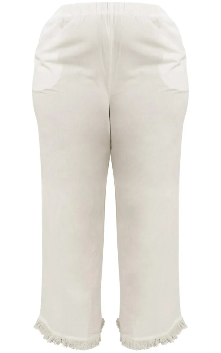 Hot PrettyLittleThing Plus Linen Look Frayed Hem Wide Leg Pants White