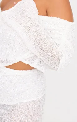 Sale PrettyLittleThing Plus Textured Sequin Foldover Bardot Top White