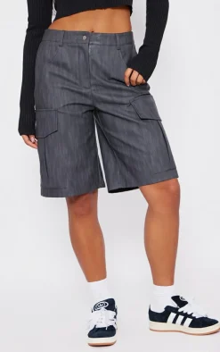 Premium Black Washed Faux Leather Long Cargo Shorts