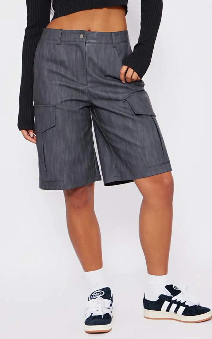 Premium Black Washed Faux Leather Long Cargo Shorts