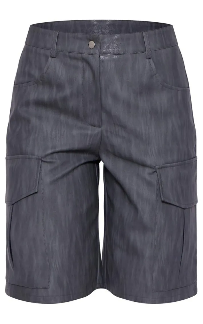 Premium Black Washed Faux Leather Long Cargo Shorts
