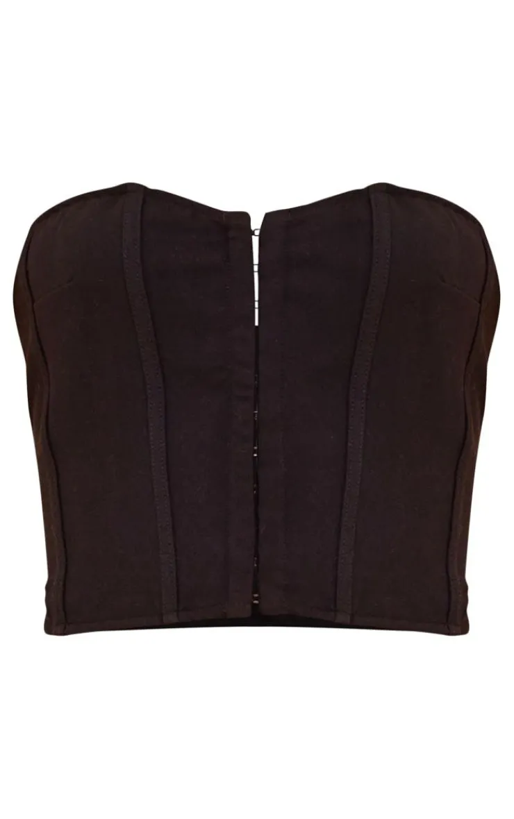 Hot PrettyLittleThing Premium Woven Hook & Eye Detail Bandeau Corset Black