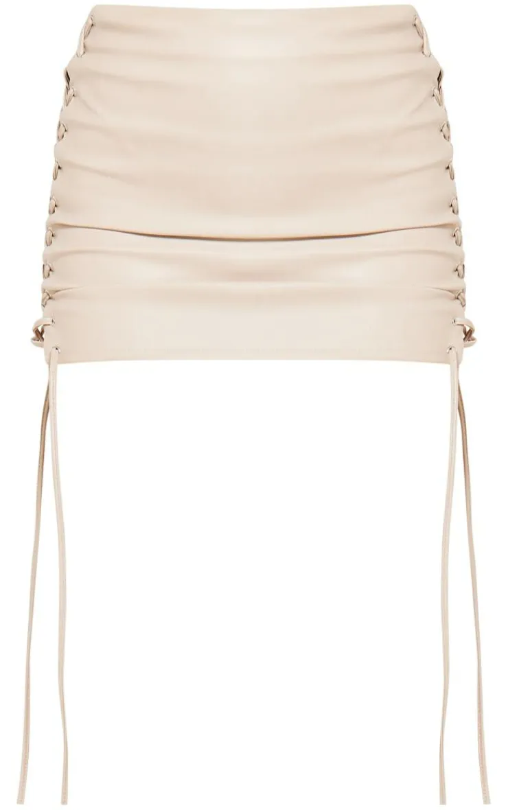 Hot PrettyLittleThing Premium Faux Leather Lace Front Micro Mini Skirt Cream