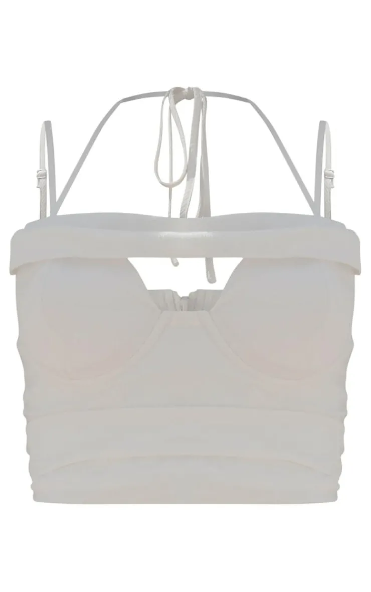 Outlet PrettyLittleThing Premium Textured Cup Detail Ruched Crop Top Cream