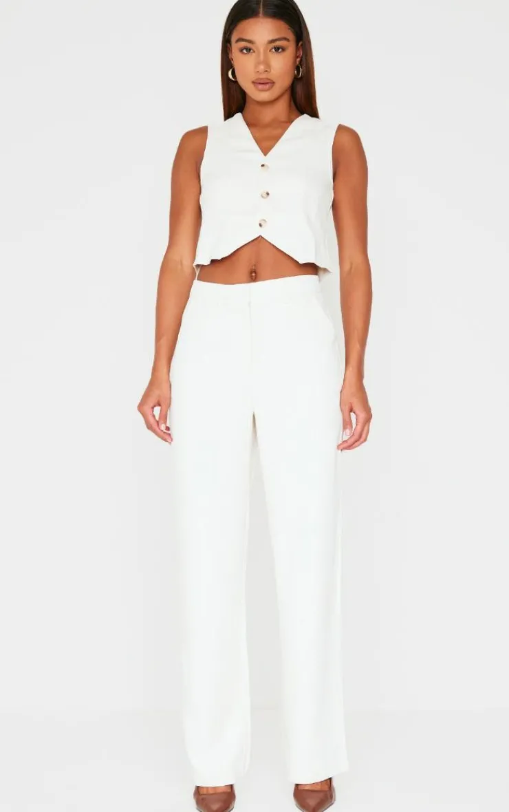 Hot PrettyLittleThing Premium Textured Tailored Seam Straight Leg Pants Cream