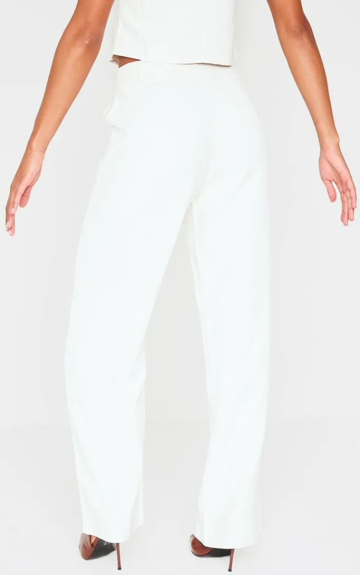 Hot PrettyLittleThing Premium Textured Tailored Seam Straight Leg Pants Cream