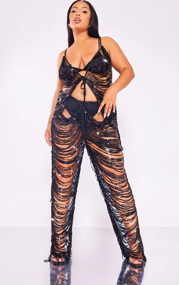 Outlet PrettyLittleThing Premium Plus Sequin Low Rise Pants Black