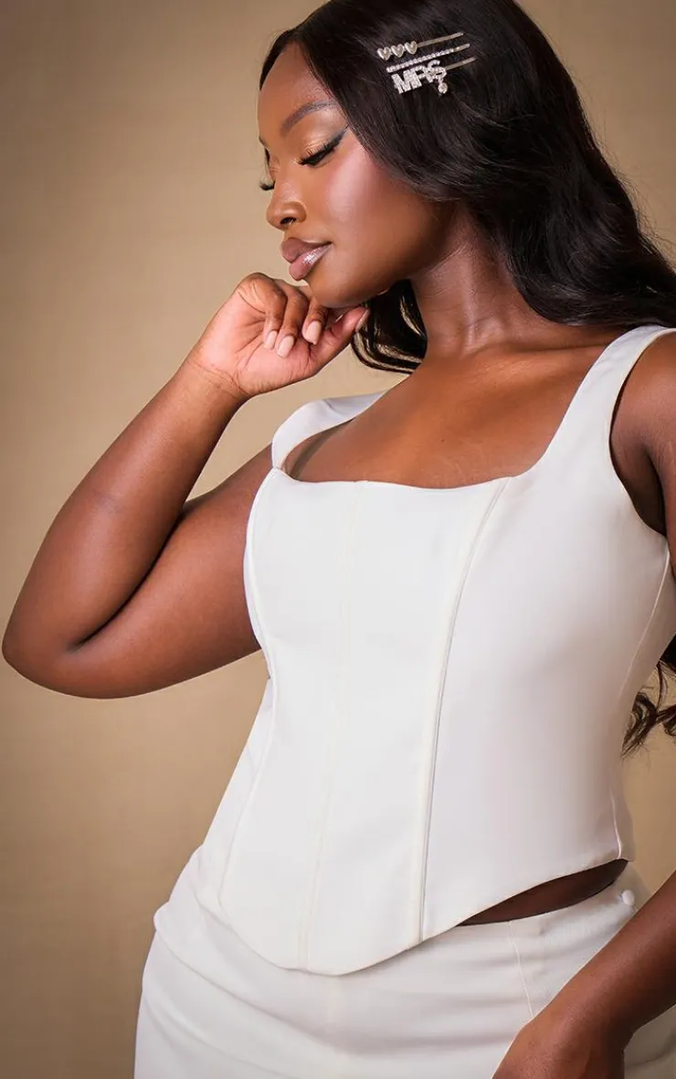 New PrettyLittleThing Premium Plus Woven Square Neck Button Detail Boned Corset Top White