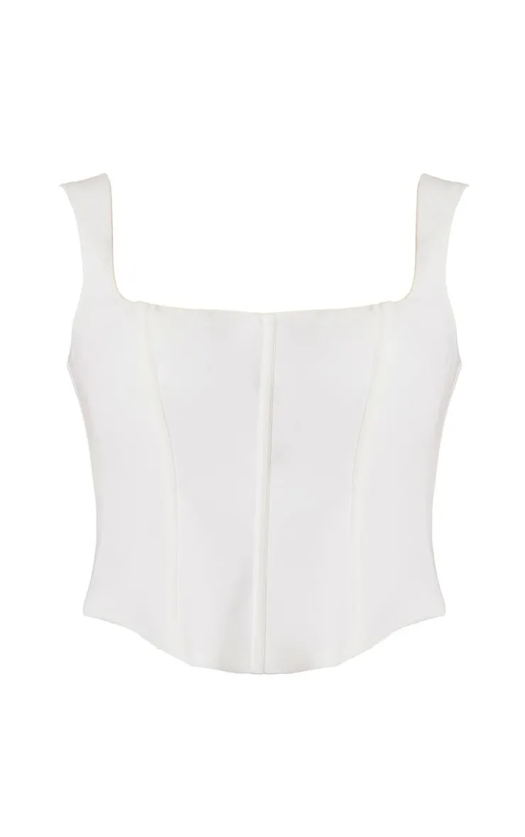 New PrettyLittleThing Premium Plus Woven Square Neck Button Detail Boned Corset Top White