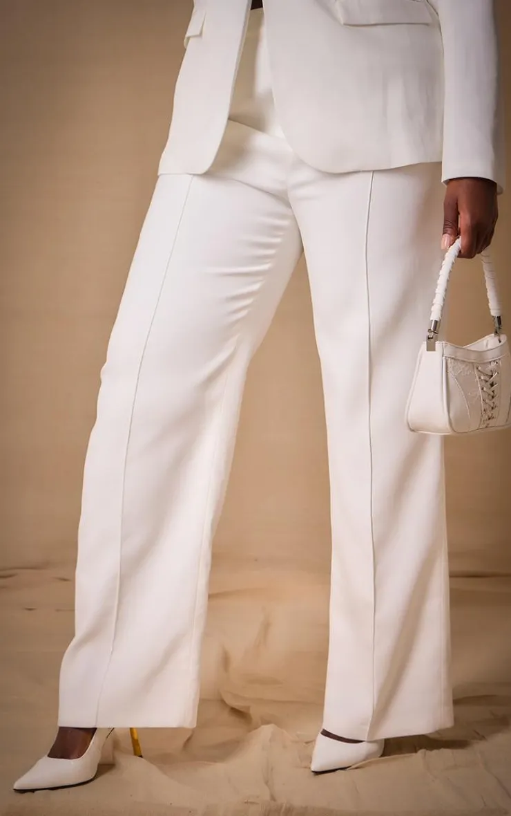 Hot PrettyLittleThing Premium Plus Woven Pin Tuck Straight Leg Pants White