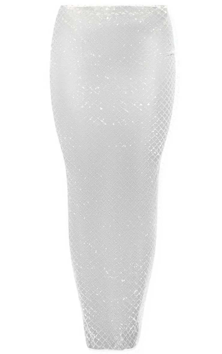 Clearance PrettyLittleThing Premium Sheer Beaded Metallic Low Rise Maxi Skirt White