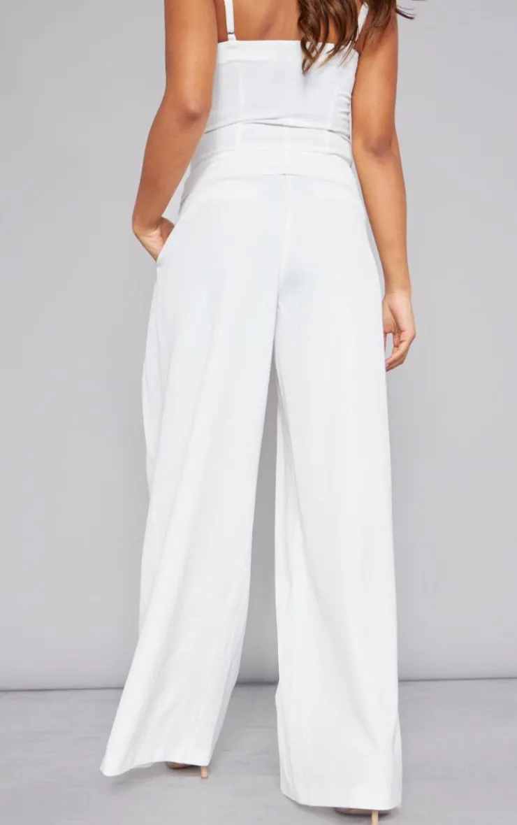PrettyLittleThing Premium Woven Pleated Waistband Extreme Wide Leg Pants White