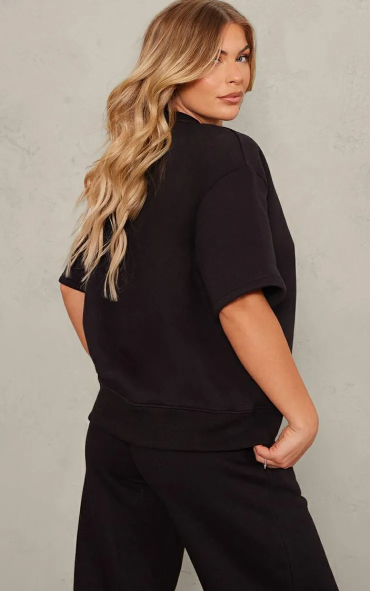 Discount PrettyLittleThing Badge Detail Oversized Short Sleeve Sweatshirt Black