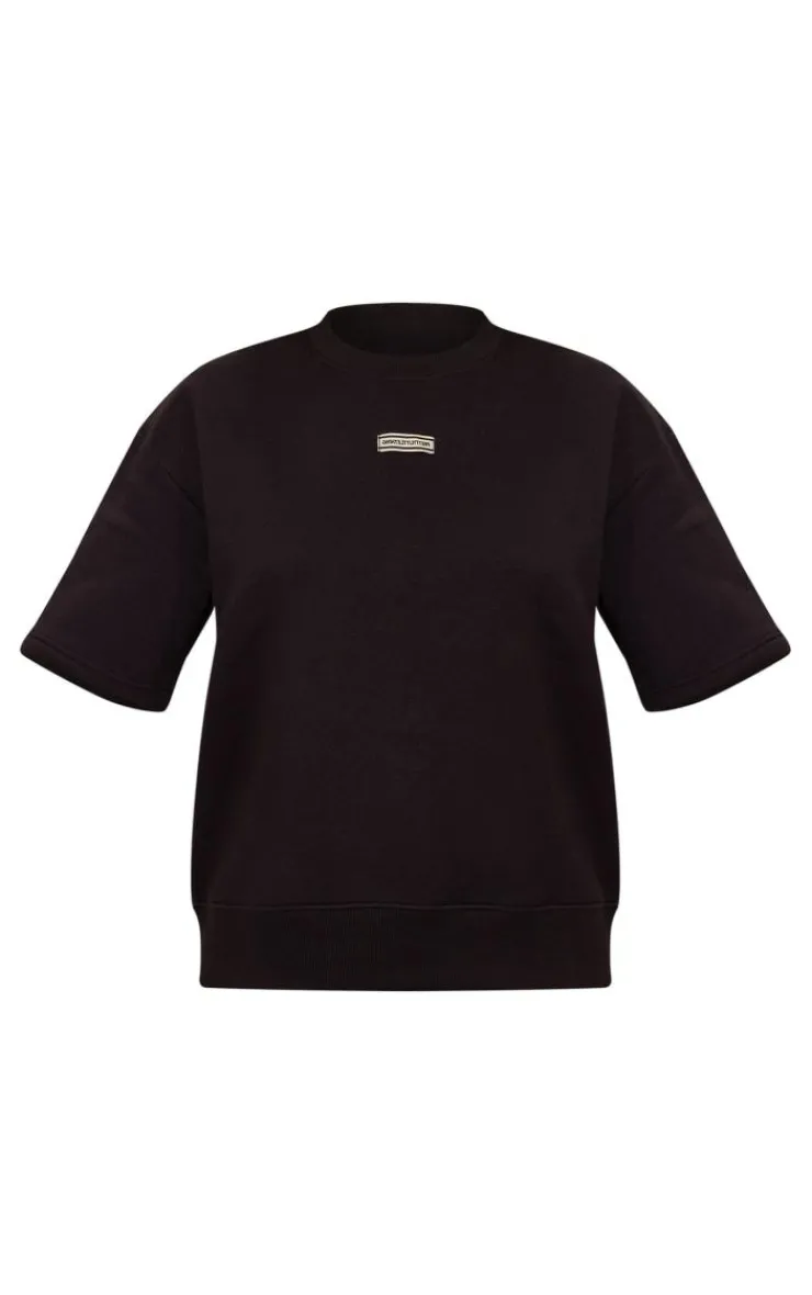 Discount PrettyLittleThing Badge Detail Oversized Short Sleeve Sweatshirt Black