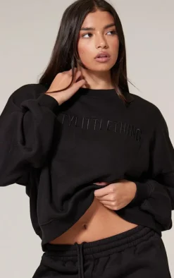 New PrettyLittleThing Boxy Embroidered Sweatshirt Black