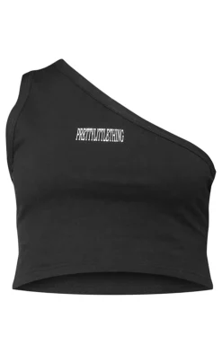Clearance PrettyLittleThing Cotton One Shoulder Asymmetric Crop Top Black