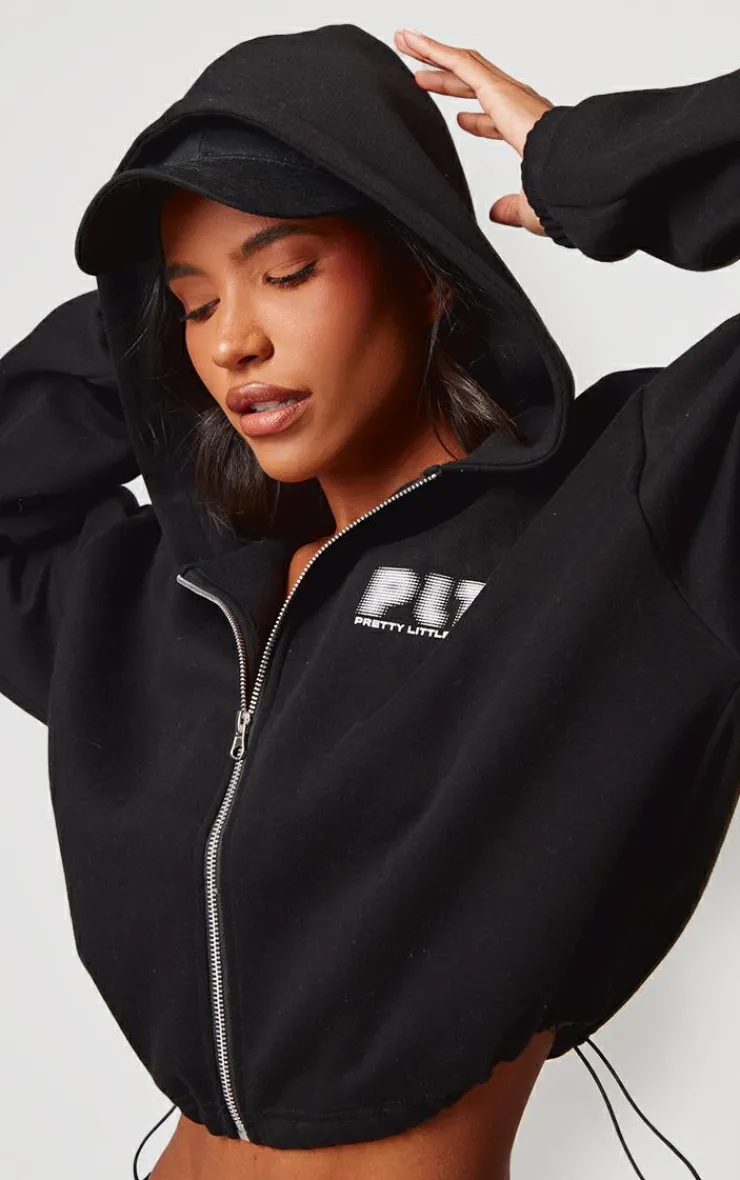 Clearance PrettyLittleThing Elasticated Hem Zip Up Hoodie Black