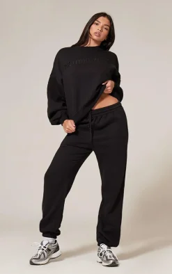 New PrettyLittleThing Oversized Embroidered Cuffed Sweatpants Black