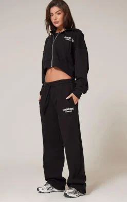 Discount PrettyLittleThing Premium Print Wide Leg Sweatpants Black