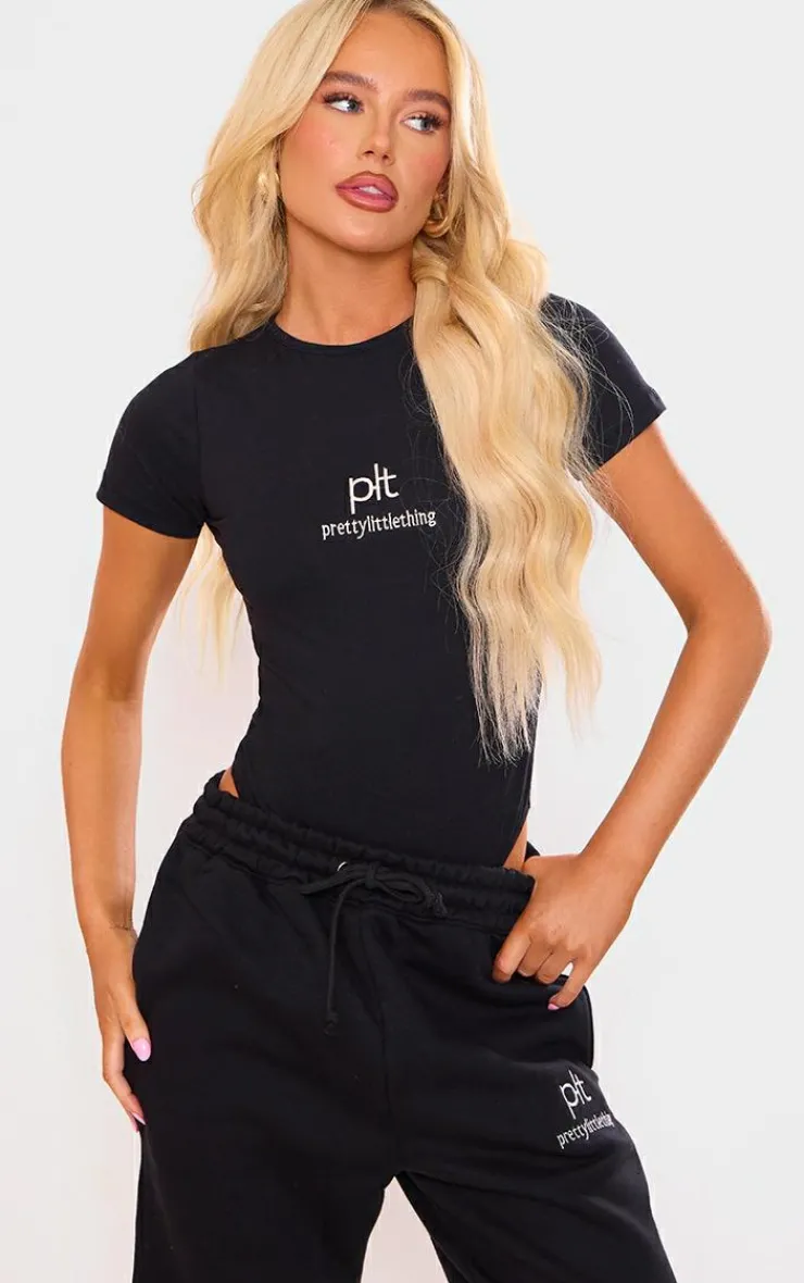 Hot PrettyLittleThing Silver Logo Short Sleeved Bodysuit Black