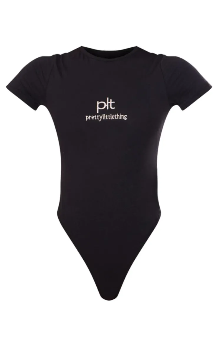 Hot PrettyLittleThing Silver Logo Short Sleeved Bodysuit Black