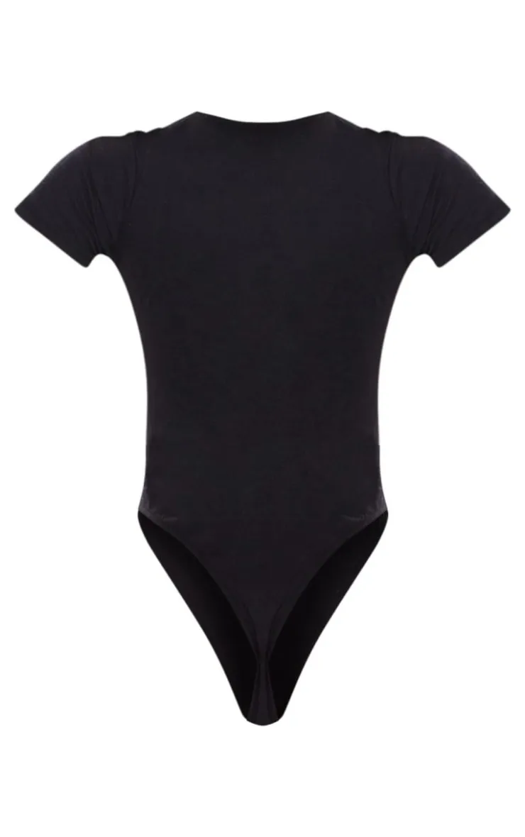 Hot PrettyLittleThing Silver Logo Short Sleeved Bodysuit Black