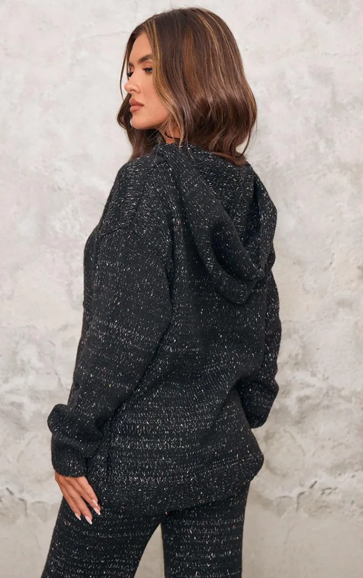 Discount PrettyLittleThing Space Dye Oversized Knitted Hoodie Black
