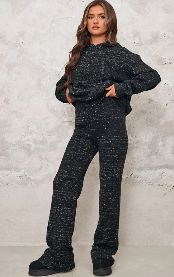 Discount PrettyLittleThing Space Dye Oversized Knitted Hoodie Black