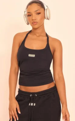 Discount PrettyLittleThing Tab Halterneck Cotton Top Black