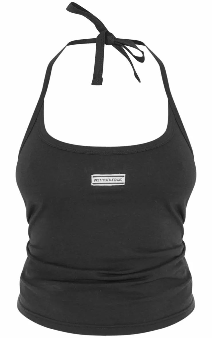 Discount PrettyLittleThing Tab Halterneck Cotton Top Black