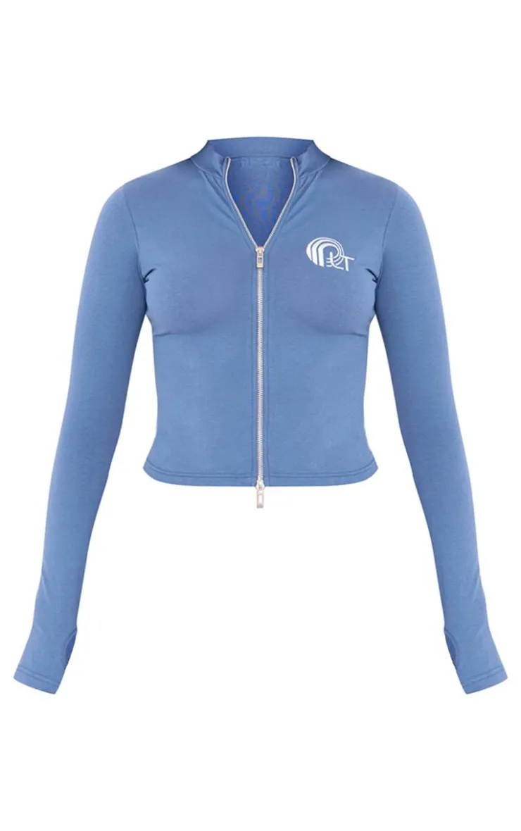Online PrettyLittleThing Embroidered Graphic Zip Up Long Top Blue