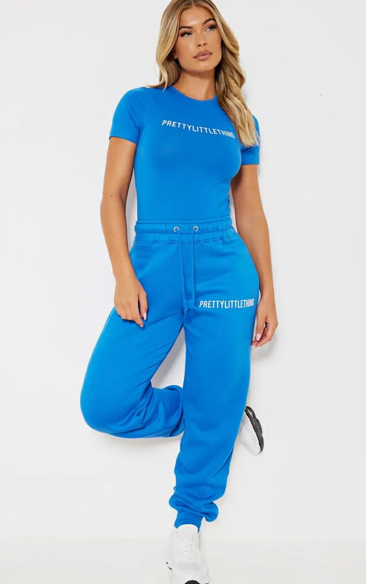 Outlet PrettyLittleThing Logo High Waisted Cuffed Sweatpants Blue