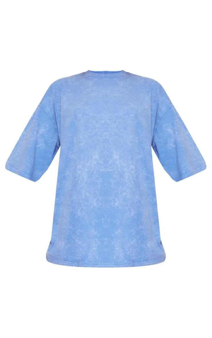 Online PrettyLittleThing Print Washed Oversized T-shirt Blue