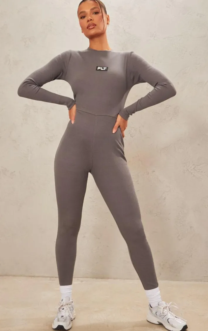 PRETTYLITTLETHING Charcoal Ribbed Long Sleeve Jumpsuit