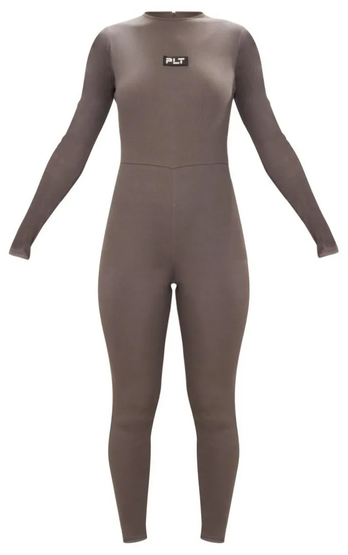 PRETTYLITTLETHING Charcoal Ribbed Long Sleeve Jumpsuit