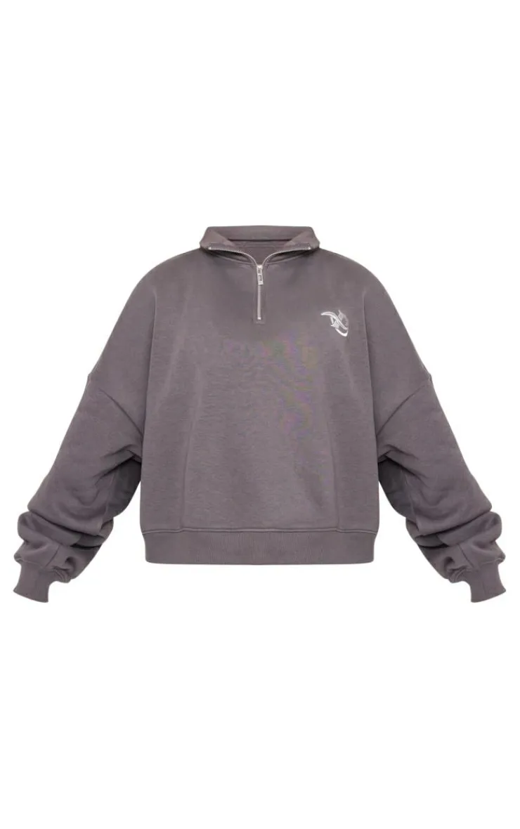 PrettyLittleThing Grey Sweatsuits*Logo Embroidered Half Zip Sweatshirt
