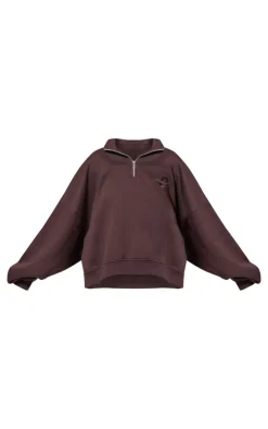 Outlet PrettyLittleThing Chocolate Half Zip Embroidered Sweatshirt Chocolate.