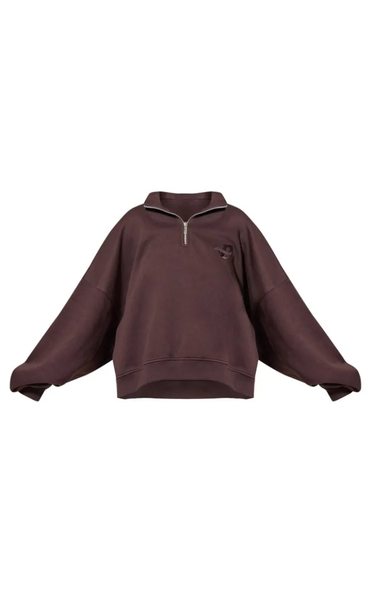 Outlet PrettyLittleThing Chocolate Half Zip Embroidered Sweatshirt Chocolate.