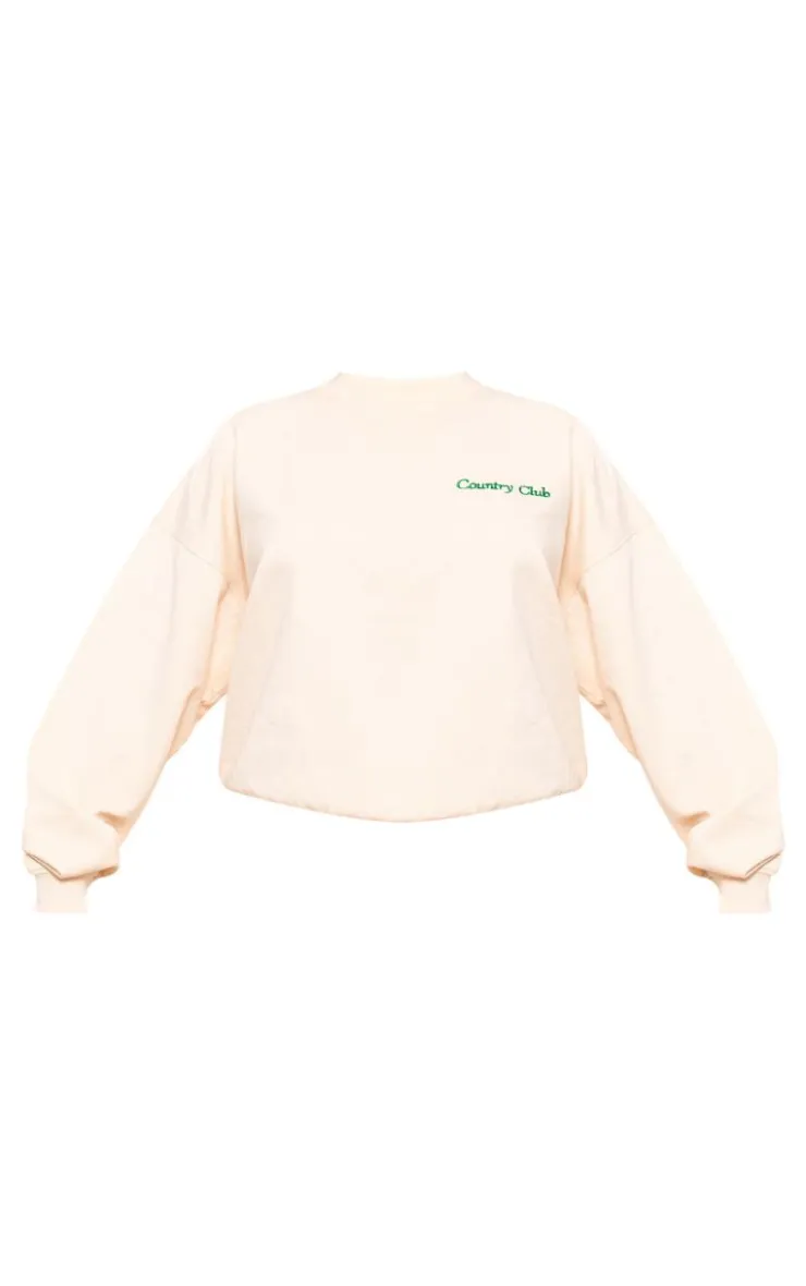 Discount PrettyLittleThing Embroidered Country Club Washed Sweatshirt Cream
