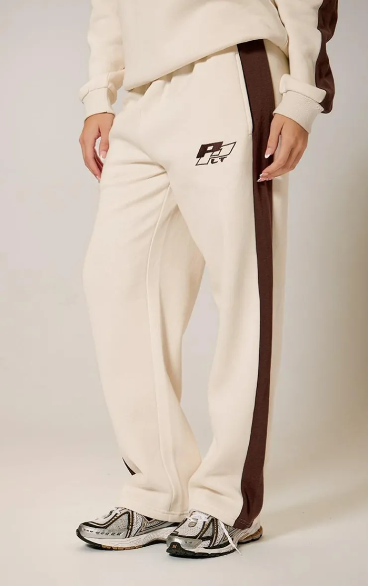 PrettyLittleThing Embroidered Contrast Panel Straight Leg Sweatpants Cream