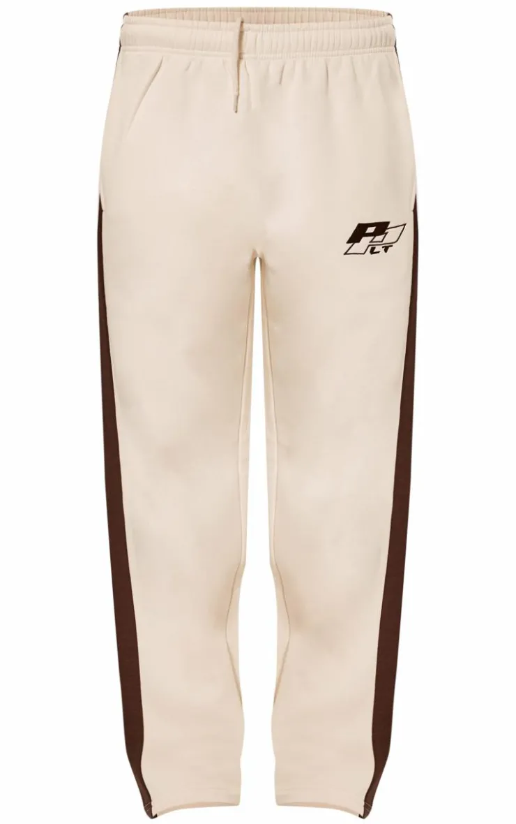 PrettyLittleThing Embroidered Contrast Panel Straight Leg Sweatpants Cream