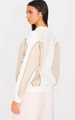 PRETTYLITTLETHING Cream Embroidered Contrast Binding Sweatshirt