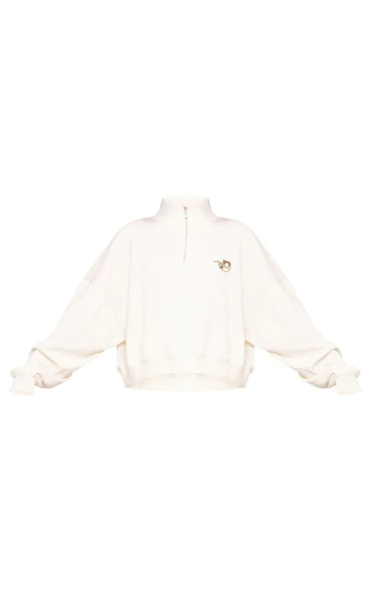 Discount PrettyLittleThing Logo Embroidered Half Zip Sweatshirt Cream