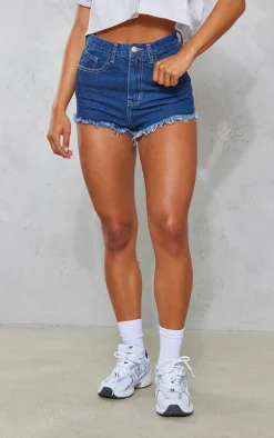 PRETTYLITTLETHING Dark Blue Wash Frayed Hem Denim Shorts