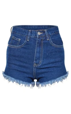 PRETTYLITTLETHING Dark Blue Wash Frayed Hem Denim Shorts